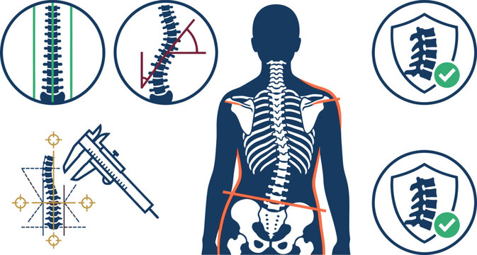 Scoliosis spinal deformity diagnostic infographic vector illustration with curved vertebral column bone angle measurement elements