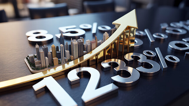 3 d graph with numbers and percentages on a table, cityscape