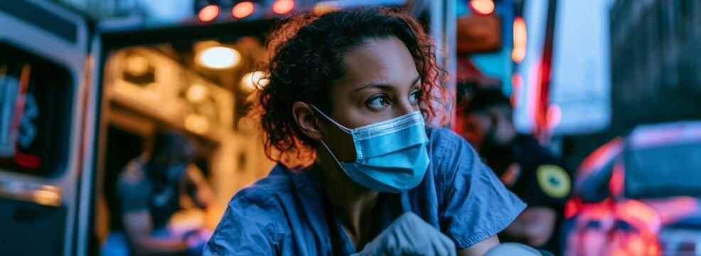 Medical worker wearing mask and gloves near ambulance at night  