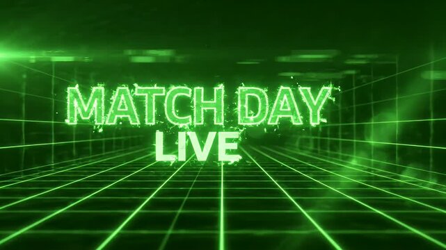 Dynamic Match Day Live Text Animation on Grid Background - This video features a dynamic opening sequence with "MATCH DAY LIVE" text animated in bright green.