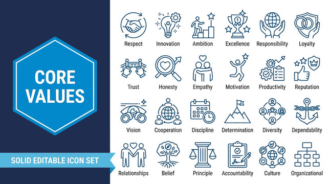 Core Values Icon Set - Solid Editable Vector Icons for Respect, Responsibility, Integrity and Teamwork in Business Infographics