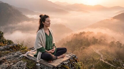 Fototapeta premium Woman meditating on a cliff overlooking a serene mountain landscape at sunrise
