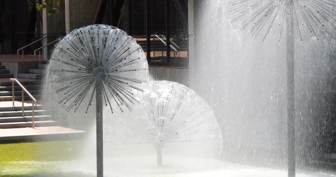 Close-up of the Ferrier Fountain beside Christchurch Town Hall and the Avon River, Christchurch, New Zealand.