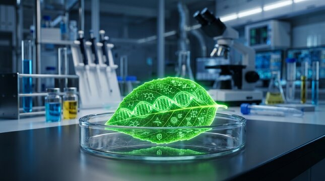 Genetic engineering concept with glowing green leaf in petri dish on laboratory table