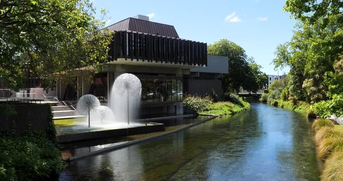 Christchurch Town Hall, Ferrier Fountain and Avon river, Christchurch, New Zealand.