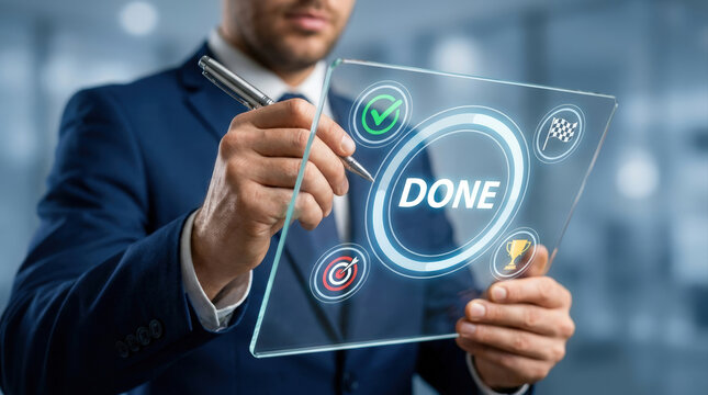 Businessman in a blue suit holding a transparent tablet displaying aDONE" status with for achievement, goals, and completion