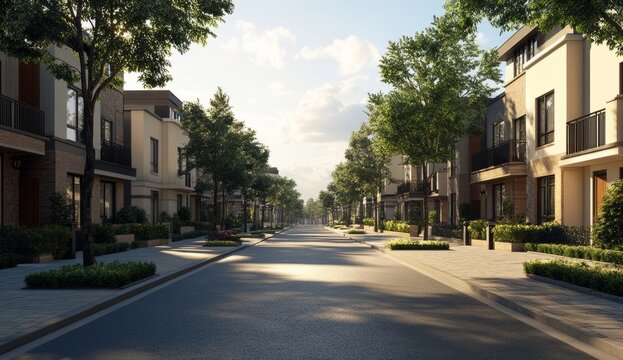 Sunlit Residential Tree Lined Modern Townhouse Street.