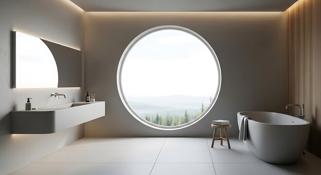 Modern bathroom with a large round window overlooking nature with relaxation.