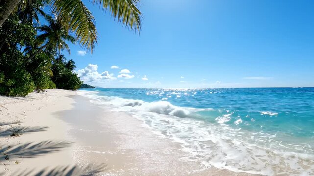 Beautiful Tropical Island Beach Establishing Shot - An establishing shot showcases a stunning tropical island beach with lush green palm trees bordering a pristine white sand shore.