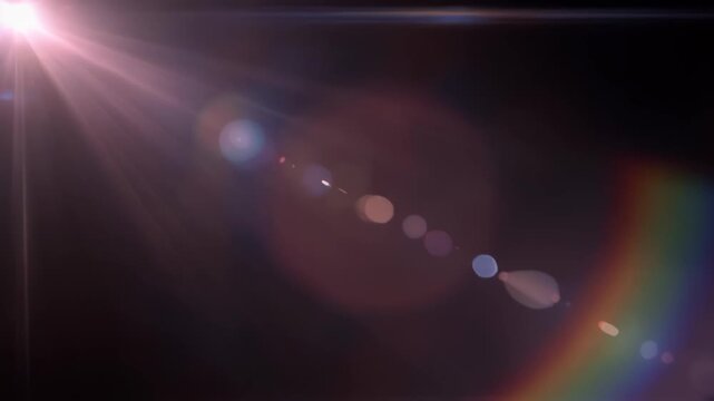 A vibrant pink lens flare emanates from the upper left corner casting ethereal light rays , Vibrant rainbow lens flare with glowing colorful rays, Abstract cinematic background .