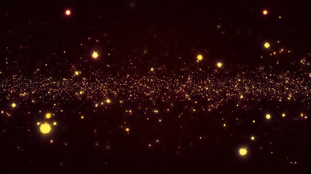 Shimmering golden particles drift and sparkle against a dark , Golden glitter particles shimmer with radiant glowing dust, Abstract luxury background with celestial energy.