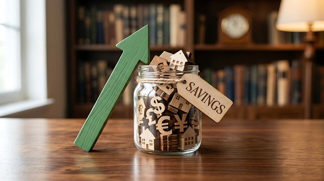  Glass jar filled with wooden house models and currency symbols with a green growing arrow and savings tag