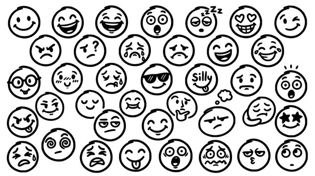 Playful Black and White Emoji Face Icons Set with Different Expressions, Smileys, Emotions, and Doodle Style for Design