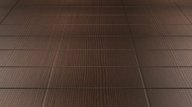 Smooth camera motion over dark brown wooden tiles with seamless geometric pattern abstract parquet flooring background for digital interior design content