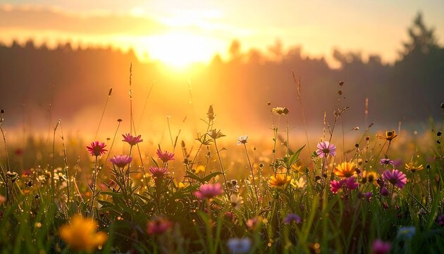 A vibrant meadow of wildflowers glows under the warm light of a rising morning sun.