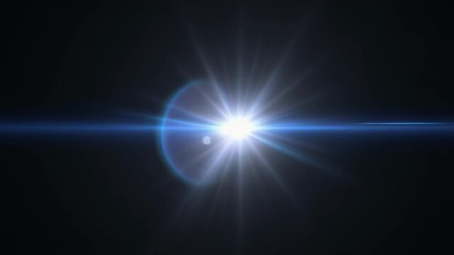 Bright lens flare radiating light across dark background with blue glow and bokeh effect, Blue radiant lens flare with bright optical burst, Abstract cinematic background with futuristic energy.