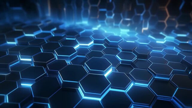 Abstract blue glowing hexagonal grid pattern with futuristic technology and data flow motion background