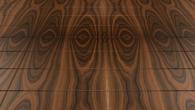 Camera flight over walnut wooden tiles with seamless swirling grain pattern natural dark timber abstract parquet texture background for design concepts