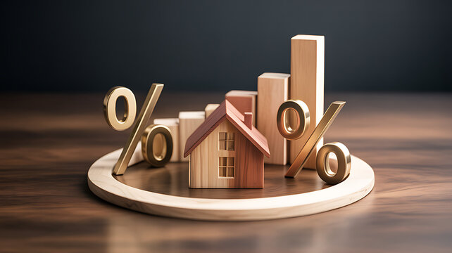 Wooden house model with percentage signs and bar graphs on a circular platform