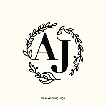 Elegant Floral AJ Initial Wedding Logo Monogram with Botanical Wreath