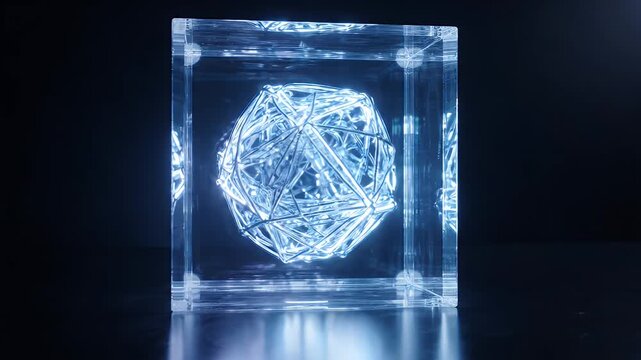 Illuminated Geometric Sphere in Futuristic Glass Cube - A clear glass cube encases a complex, illuminated geometric structure, casting a bright blue glow against a dark background.