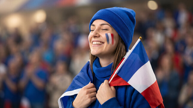 Jeune Supporter Fran&ccedil;aise Souriante Tenant un Drapeau