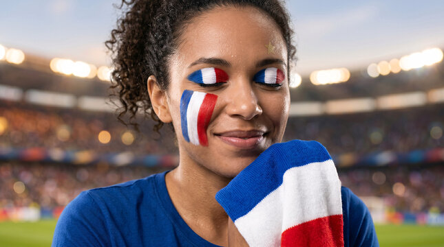 Portrait de Supporter Fran&ccedil;aise avec Maquillage Tricolore