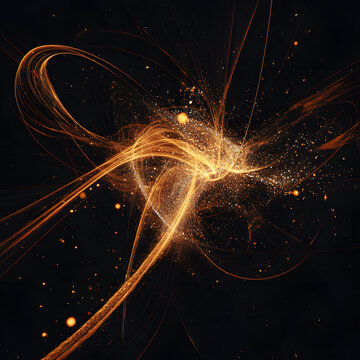 Golden Particle Accelerator Collision Trace with Glowing Orange Energy Streams and Sparks on Black Background
