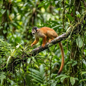 Squirrel Monkey Walking on Tree Branch in Tropical Rainforest