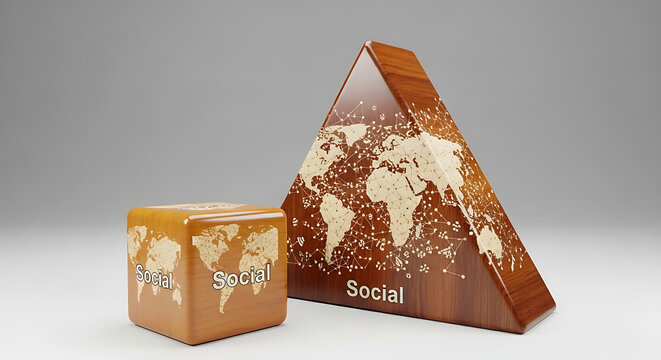 A close-up studio shot of a wooden pyramid and cube with a world map design on them.