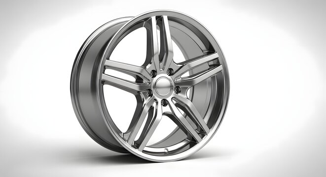 Shiny chrome car wheel rim on a white background, perfect for automotive designs and advertisements.