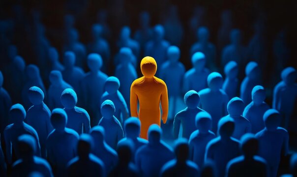 Orange Figure Standing Out Among Blue Crowd Representing Individuality.
