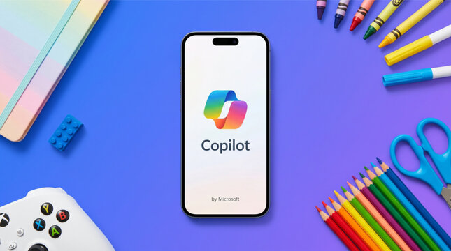 Microsoft Copilot artificial intelligence AI assistant app on smartphone iPhone screen mockup. Top view flat lay with school supplies, colored pencils, crayons, notebook and gaming controller.