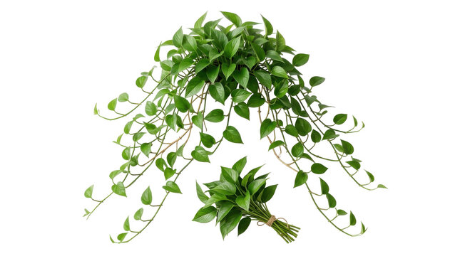 Lush green pothos plant hanging vines and bundled leaves collection isolated on transparent background surface.