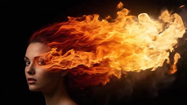 Woman with fiery hair and flames.