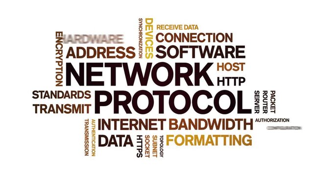 Network Protocol animated word cloud-text design animation tag kinetic typography seamless loop.