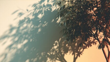 Fototapeta premium Tree silhouette against wall with shadows and sunlight abstract background