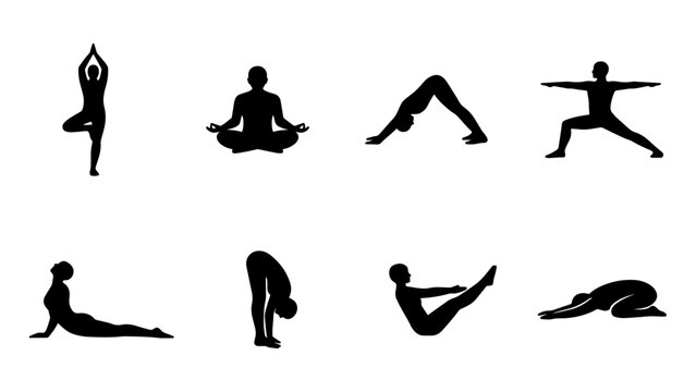 Yoga Pose Silhouette Icon Set &mdash; Tree, Meditation, Downward Dog, Warrior, Cobra, Forward Bend, Boat and Child Pose
