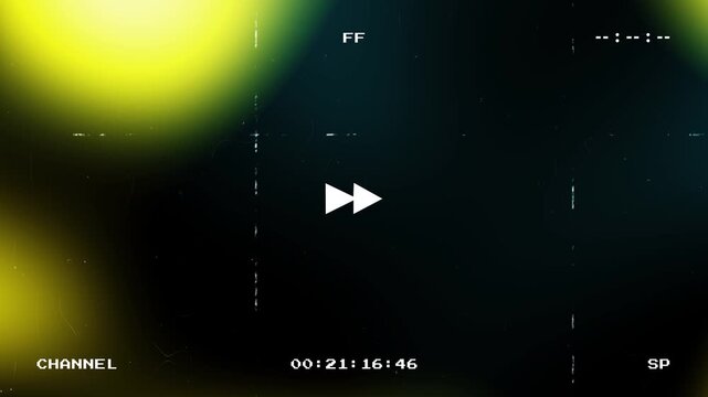 Retro VHS fast forward overlay featuring abstract yellow and green glowing lights with analog glitch effects on a dark background including timecode and channel indicators
