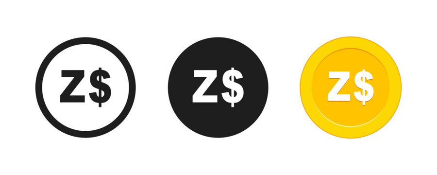 Zimbabwe Dollar Currency Symbol Coin Icon Vector Set
