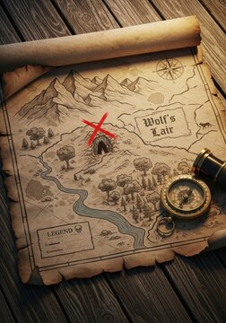 Vintage Treasure Map of Wolf's Lair with Compass and Telescope on Wooden Table for Adventure and Fantasy Games