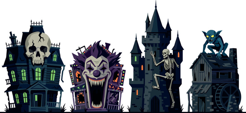 Spooky Halloween Haunted House Vector Set Featuring Creepy Skull Mansion, Evil Clown Funhouse, Gothic Skeleton Castle, and Gargoyle Goblin Mill Architecture