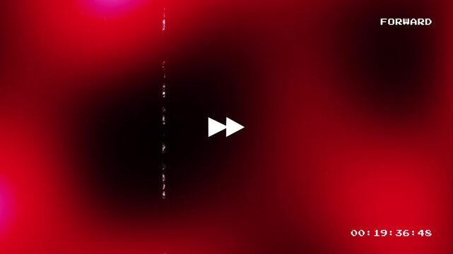 Abstract VHS glitch background with magenta and purple glowing lights fast forward symbol and retro timecode overlay on a black background for cinematic analog effects