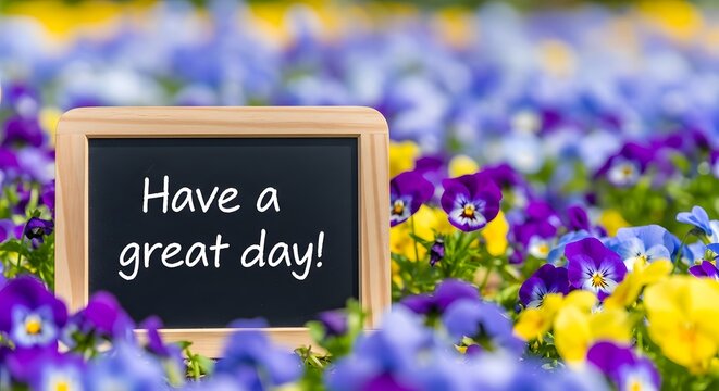 Small blackboard with have a great day text amidst colorful flowers.