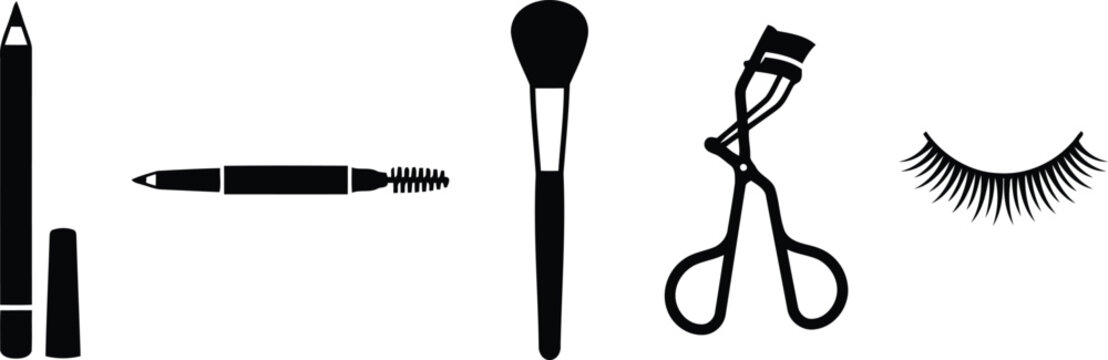 Set of makeup tools and accessories, including eyeliner pencil, eyebrow pencil with brush, makeup brush, eyelash curler, and false eyelashes