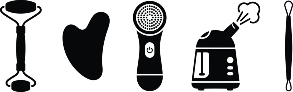 Set of skincare tools icons, including facial roller, gua sha, cleansing brush, facial steamer, and comedone extractor