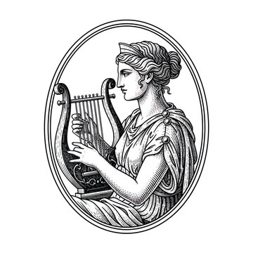Vintage Engraving of a Greek Muse Playing a Lyre in an Oval Frame.