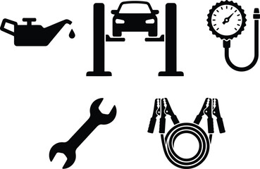 Set of car service icons, including oil change, car lift, tire pressure gauge, wrench, and jumper cables © Top Stock