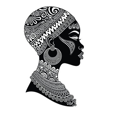 Black and white portrait of a beautiful African woman with traditional tribal patterns and ornate jewelry.