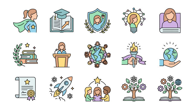 Colorful icons representing education, growth, and community